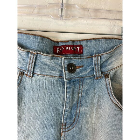 Women Red Rivet Crop Roll Hem Sz 15 Junior Light Wash Jeans - Picture 2 of 7